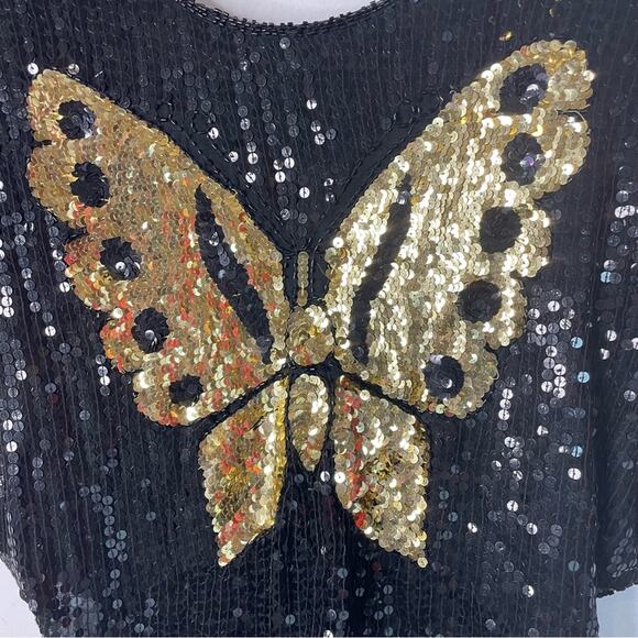 Sequin Butterfly Top Beaded Vintage 70/80s Glam Sparkle Silk - Picture 4 of 7